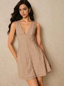 Vestido corto de mujer sin mangas de cuello en V profundo de unicolor minimalista - Caqui - Ver 2