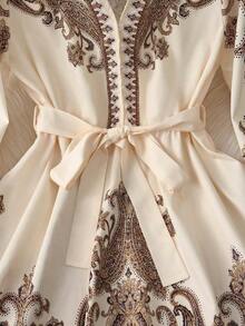 Vestido elegante de vacaciones para mujer con mangas farol y estampado floral - Champán - Ver 6