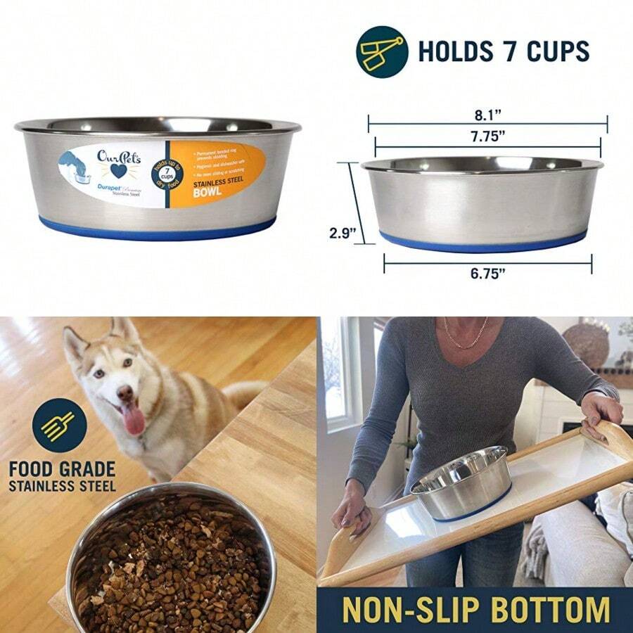 DuraPet Premium Dishwasher Safe Stainless Steel Dog Bowl for Food or Water [Multiple Sizes for Small to Large Dogs] in Traditional or Wide Base Design - 7 Cup - 8.3X8.3X2.8 - Ver 1