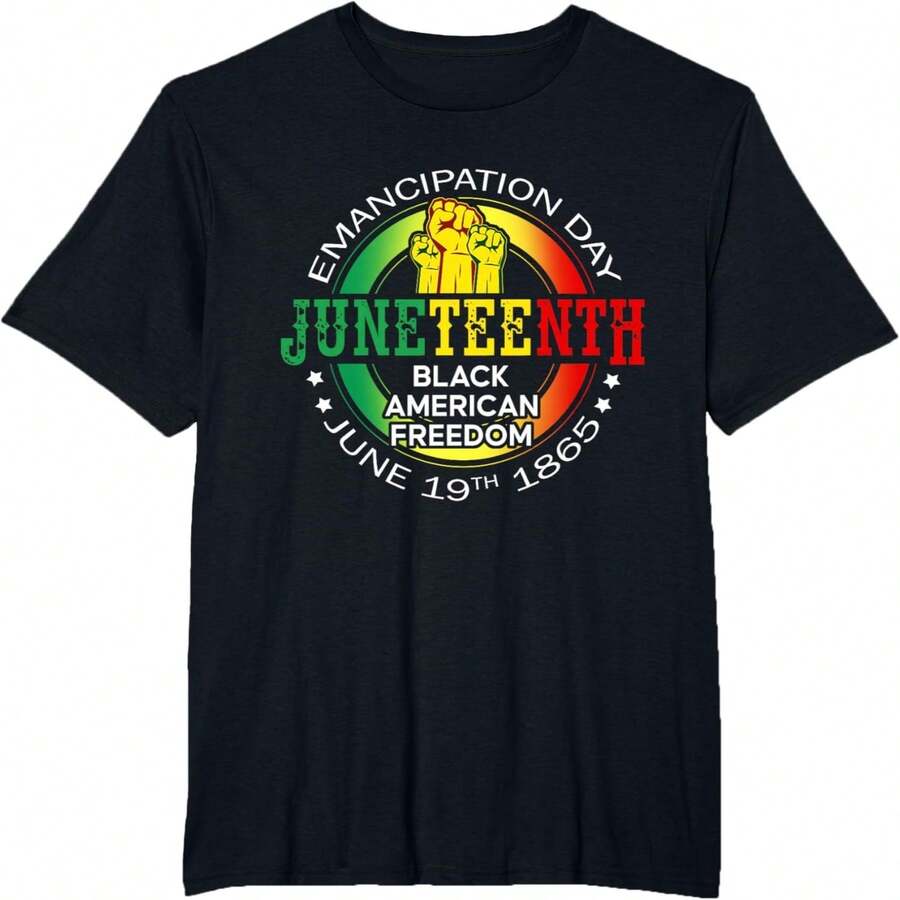 Camiseta informal de algodón de manga corta y cuello redondo con estampado del Día de la Emancipación de Juneteenth y la libertad afroamericana. - Negro - Ver 1