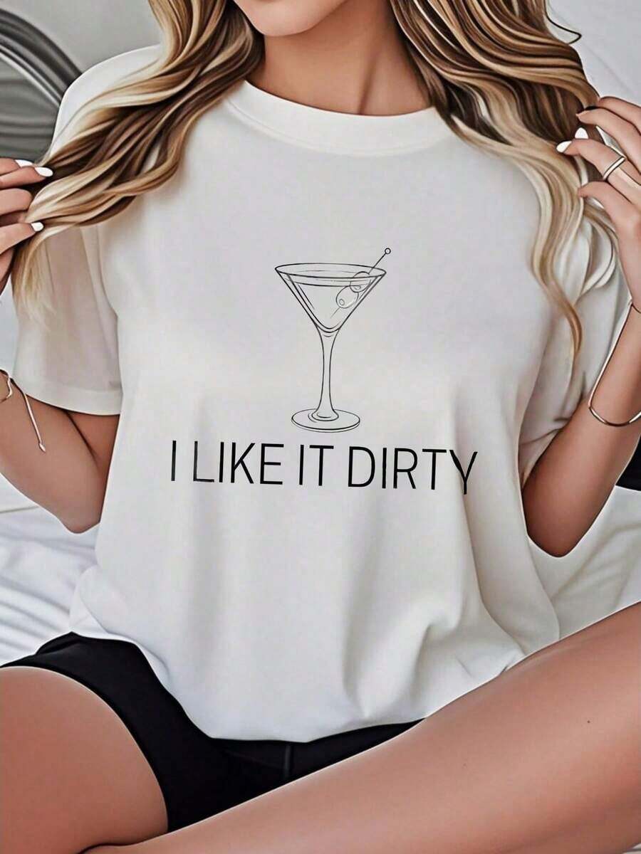 Camiseta de mujer, corte holgado informal, opciones en negro y blanco, estampado divertido con copa de martini y la frase "I LIKE IT DIRTY", camiseta gráfica para uso diario de verano, camisetas gráficas de verano, conjuntos de verano, camisetas gráficas de mujer, tops cortos de mujer, tops de mujer, ropa vintage de algodón, ropa linda para mujer, playeras de mujer. - Blanco - Ver 1