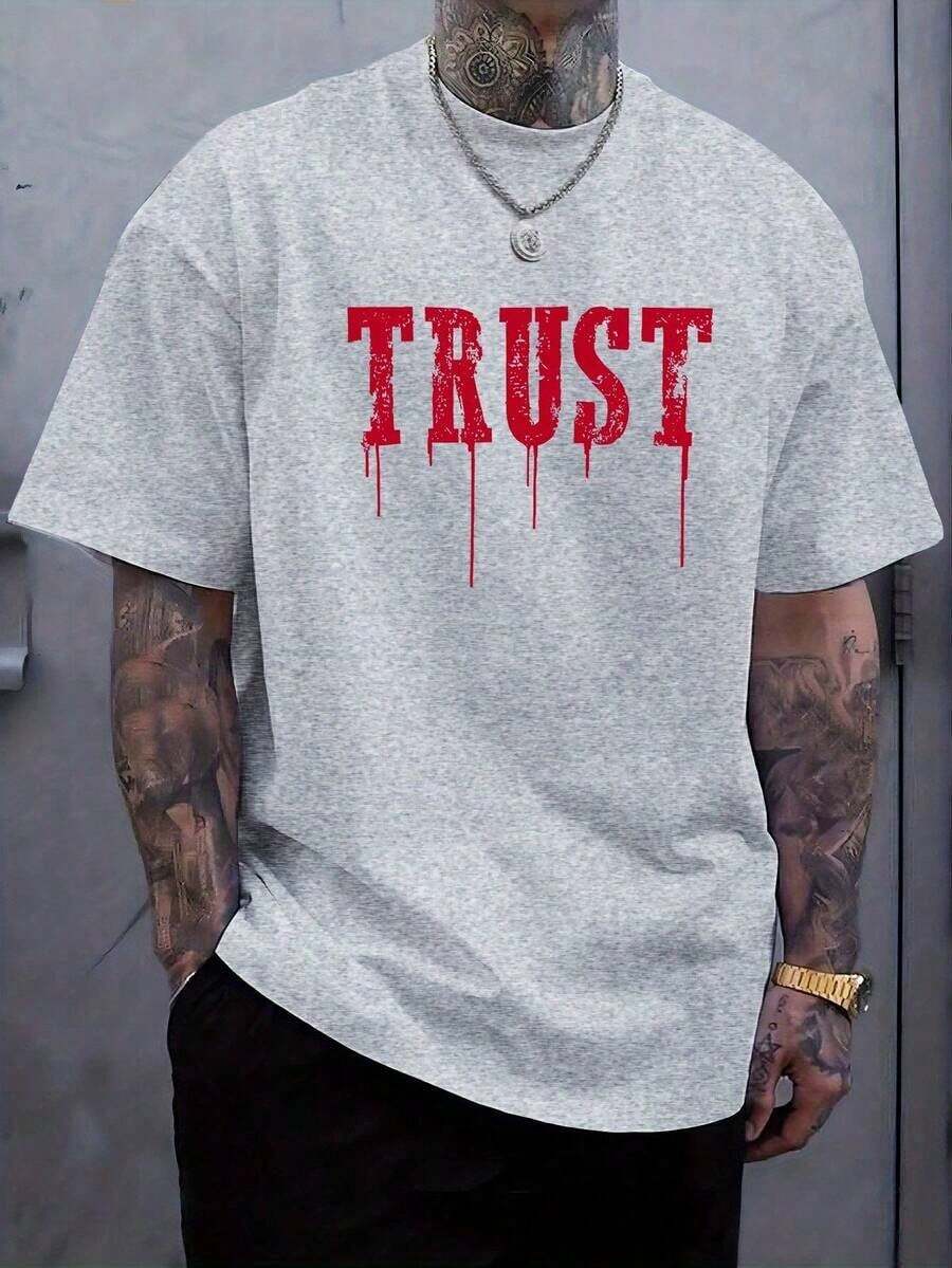 Men's Black Graphic T-Shirt - Casual Sporty Style, Short Sleeve Crew Neck, Distressed Red Print, 100% Cotton, Ideal For Casual And Outdoor Wear In Summer - 淺灰色 - 查看 1