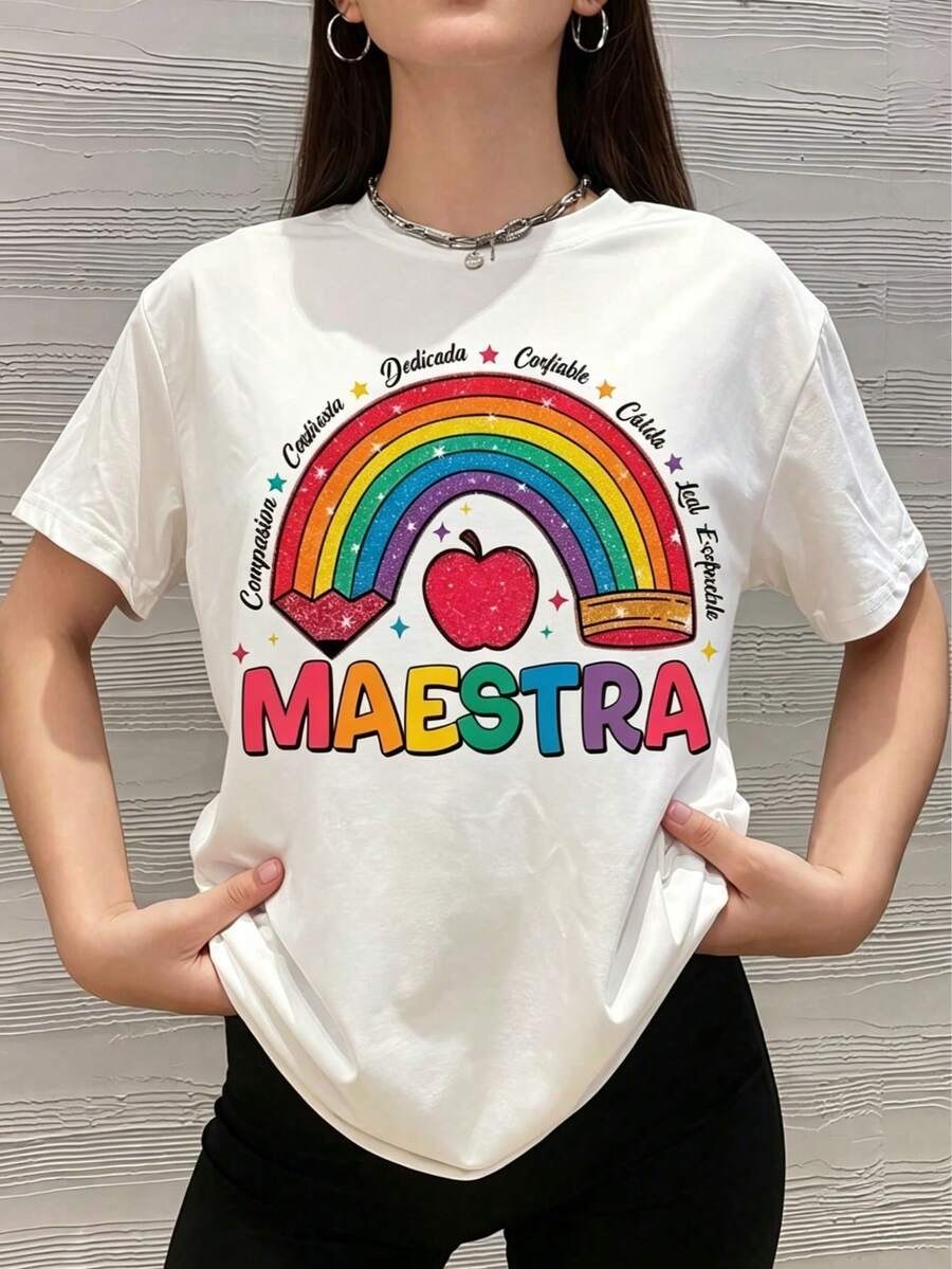 Printed T-Shirt With The Word "Teacher" In Colors, A Rainbow, An Apple, And Qualities That A Teacher Has Around It, This With A Glitter Style But It Is Printed, Colorful, Cute, Casual T-Shirt, Round Neck, Short Sleeve, Ideal To Wear To School Or Work, Loose, Fashionable, For Everyday Use. - 白色 - 查看 1