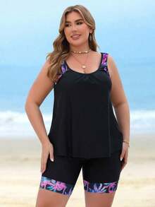 Swim Lushoire Conjunto de tankini de talla grande con estampado de árboles de coco y patchwork para la playa y vacaciones de verano - Negro - Ver 4
