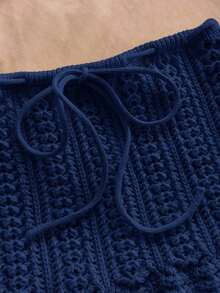 2 piezas Conjunto de top sin espalda de crochet y falda de cintura baja sexy para vacaciones, adecuado para festival de música, estilo bohemio, vacaciones, citas, té de la tarde - Azul marino - Ver 5