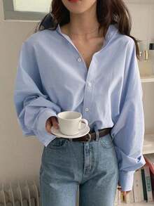 Camisa oversize con botones sólidos y hombros caídos, blusas de manga larga con estilo preppy, ropa de mujer para otoño - Celeste - Ver 2