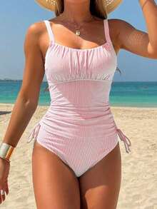 Set de 2 piezas Traje de baño con top de tela especial de rayas sexy y pantalones cortos de cintura alta en triángulo - Rosa - Ver 4