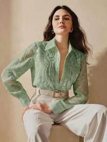 Blusa de manga larga con cuello bordado con cuentas y lentejuelas de lujo francés para mujer, estilizadora y versátil - Verde - Ver 8
