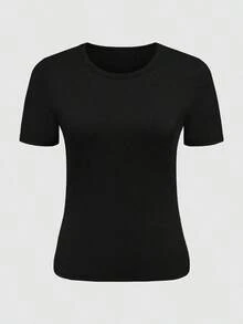 Camiseta casual de mujer de unicolor de manga corta y acanalada - Multicolor - Ver 4