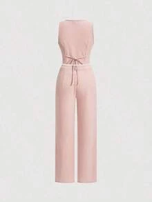 Juego De Dos Piezas Para Mujer Con Chaleco Y Pantalones De Color Sólido - Rosa - Ver 2