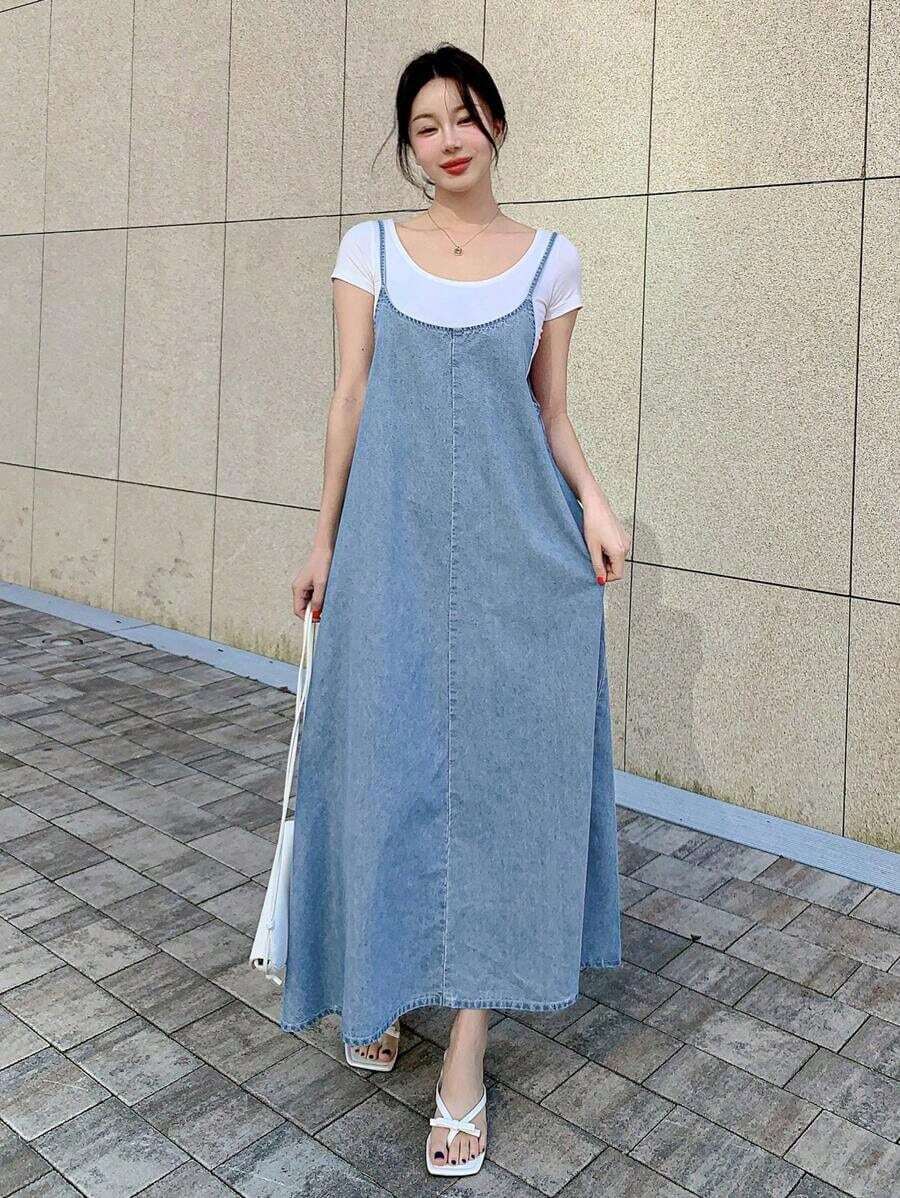 Vestido casual de mezclilla para mujer, sencillo y de moda para uso diario, vestido largo tipo sundress - Azul lavado medio - Ver 1