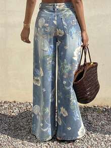 Jeans de pierna ancha con estampado floral, ajuste holgado para mujer, ideal para vacaciones de verano - Azul - Ver 2