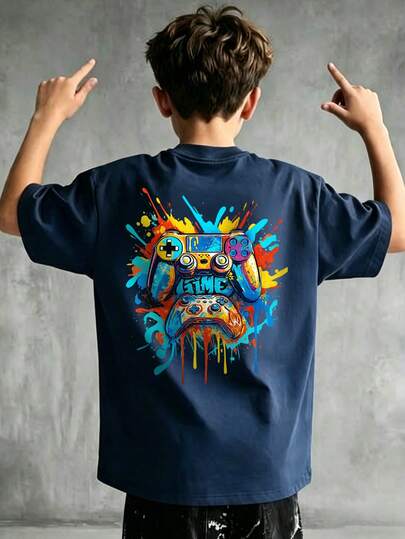 Boys' Stylish Game Controller Graphic T-Shirt, Colorful "Game" Print Short Sleeve Casual Gaming Style Tee