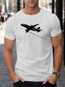 Airplane Print Leisure T-Shirt, T-Shirt, Casual Short-Sleeved T-Shirt, Printed T-Shirt, Comfortable T-Shirt, Printed T-Shirt, Comfortable, Loose Fit. QCE7 - 黑色 - 查看 7