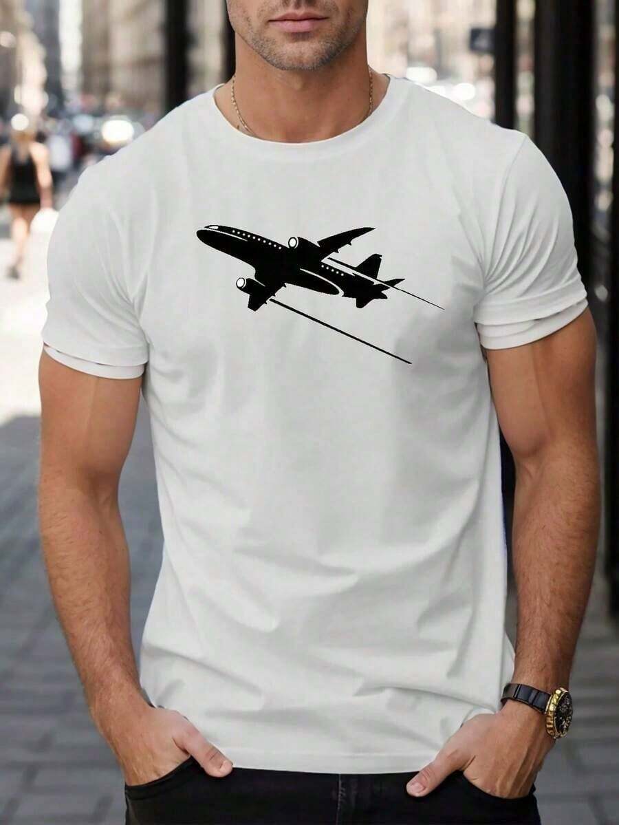Airplane Print Leisure T-Shirt, T-Shirt, Casual Short-Sleeved T-Shirt, Printed T-Shirt, Comfortable T-Shirt, Printed T-Shirt, Comfortable, Loose Fit. QCE7 - 白色 - 查看 1