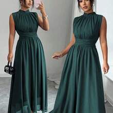 Elenzya Women's Spring/Summer French Romantic Sicily Elegant Casual Commute Vacation Afternoon Tea Party Solid Color Chiffon Stand Collar Loose Criss-Cross Tie Waist A-Line Bow Tie Sleeveless Lined Maxi Dress - Verde Oscuro - Ver 1