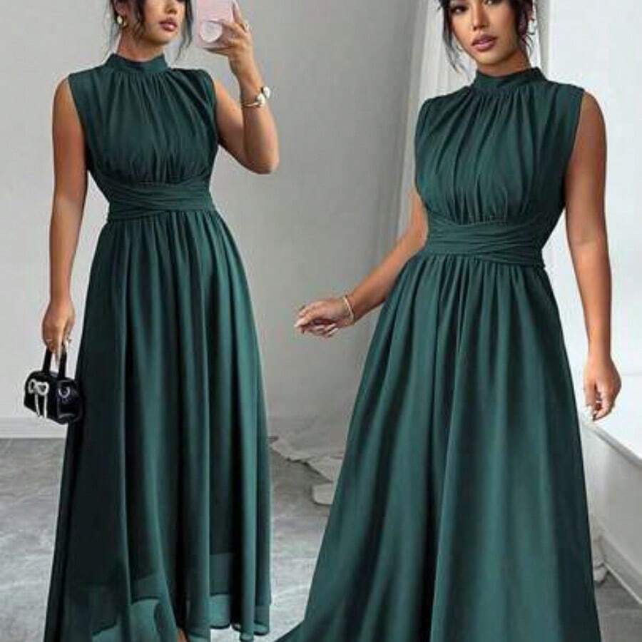Elenzya Women's Spring/Summer French Romantic Sicily Elegant Casual Commute Vacation Afternoon Tea Party Solid Color Chiffon Stand Collar Loose Criss-Cross Tie Waist A-Line Bow Tie Sleeveless Lined Maxi Dress - Verde Oscuro - Ver 1