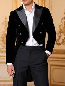 Áo đuôi tôm nhung, áo vest tuxedo nam dáng ôm, ve áo satin, hai hàng khuy, trang phục dạ hội kiểu Anh. - màu đen - Xem 1