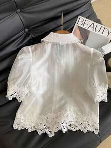 Blusa de manga corta con burbujas y encaje en contraste, diseño elegante y juvenil para mujer en verano - Blanco - Ver 2