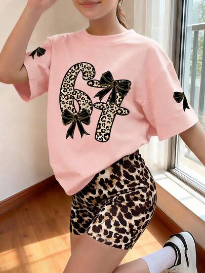 2pcs/Set Girls' Leopard Print T-Shirt And Shorts Set, Fashionable Casual Streetwear Style, Suitable For School, Vacation And Daily Wear, Spring/Summer New Outdoor Outfit