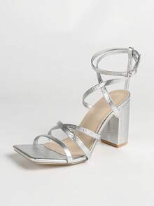 Giày sandal cao gót đế dày mũi vuông màu bạc dành cho nữ, kiểu dáng tối giản, thoải mái, đa năng, thích hợp cho các bữa tiệc. - Bạc - Xem 3