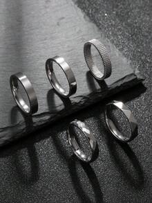 5pcs 4mm Wide Stainless Steel Rings, Silver Color, Faceted Rings, Suitable For Men, Daily Wear, Gift For Husband, Classmates, Boyfriend - Silver - View 2