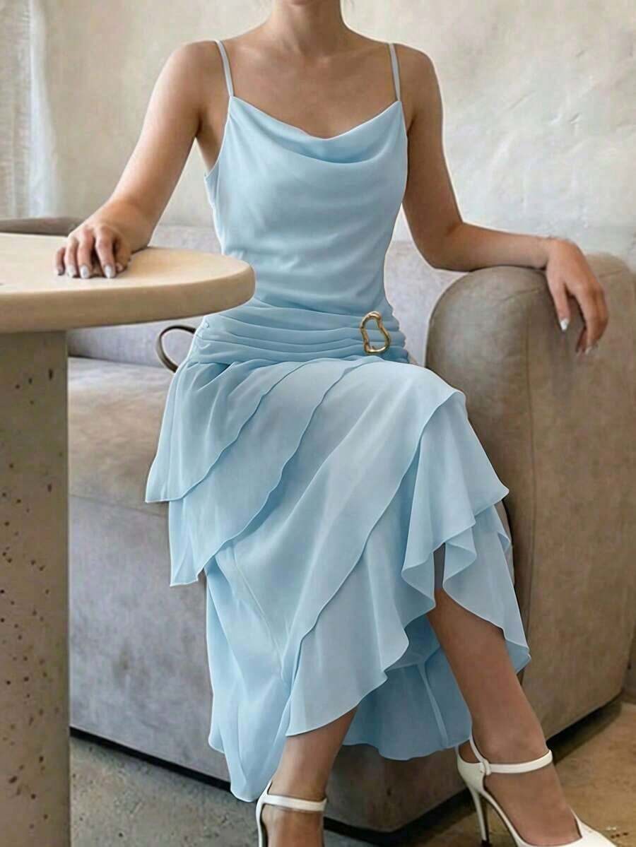 Elegante Vestido de Satén con Cuello Drapeado, Detalle de Volantes y Corte Largo – Color Sólido para Mujer - Azul - Ver 1