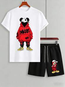 Officially Licensed Disney Mickey Mouse Red Hoodie Cap Hip Hop Urban Streetwear Graffiti 2 Piece Outfit Men Casual Short Sleeve Graphic T‑Shirt And Drawstring Shorts Set Sneaker Drip Letter Print Summer Loungewear Dad Gift Daily Vacation Matching Tracksuit - 白色 - 查看 2