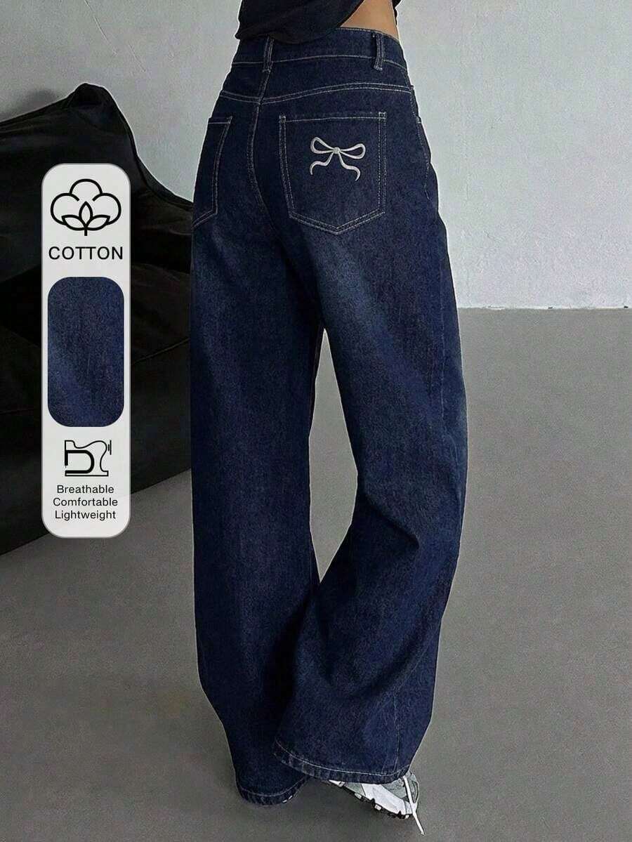 Jeans rectos con bordado de lazo para mujer - Azul lavado oscuro - Ver 1