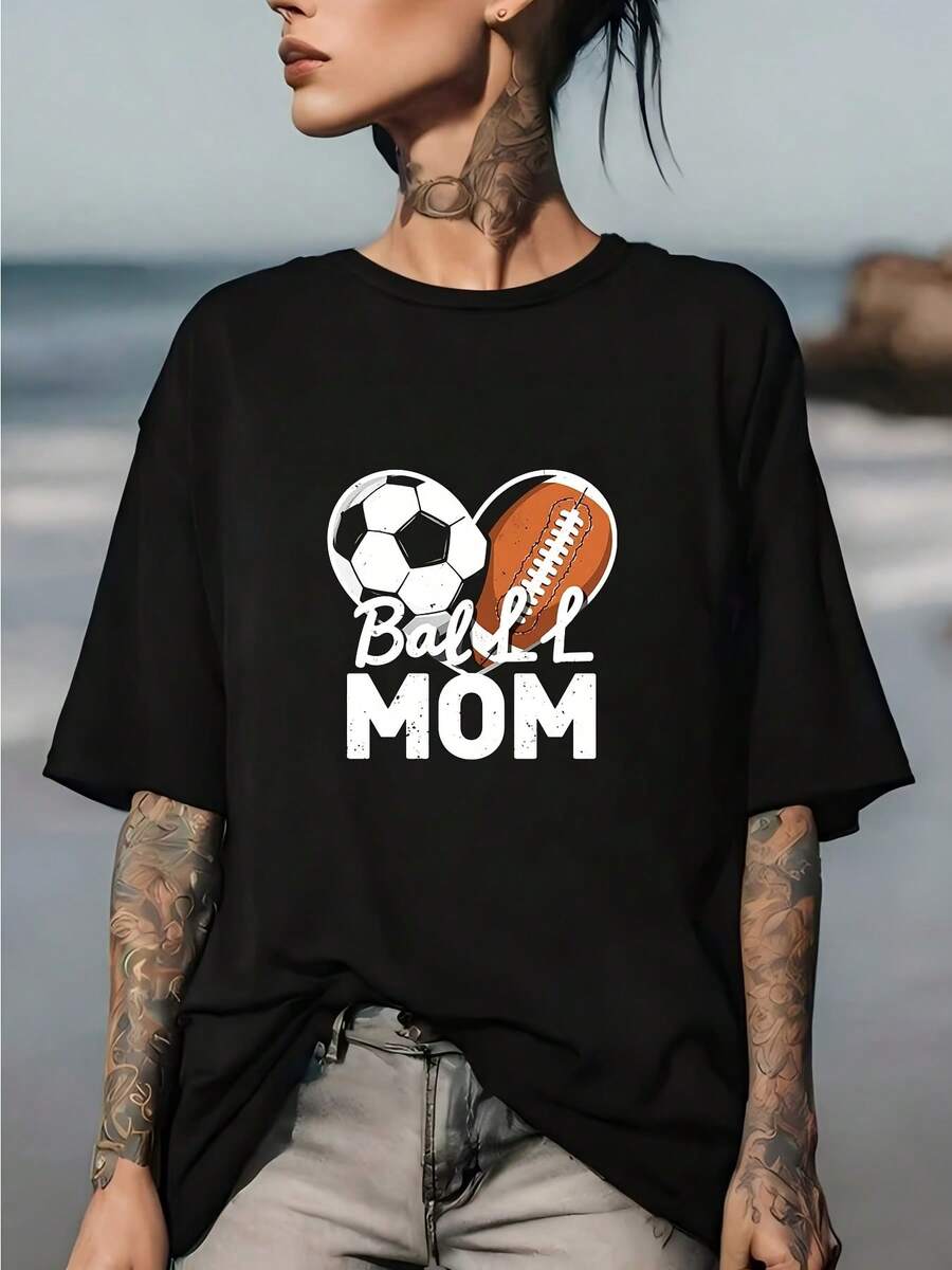 Show Your Love For Football And American Football With This "Ball Mom" T-Shirt, Ideal For Moms Who Support Their Athletes In Style. - Black - View 1