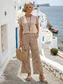 2 piezas Conjunto casual de mujer con pantalones rectos de cuello redondo y manga corta en colores contrastantes con estampado ditsy floral, para primavera/verano - Multicolor 2 - Ver 6