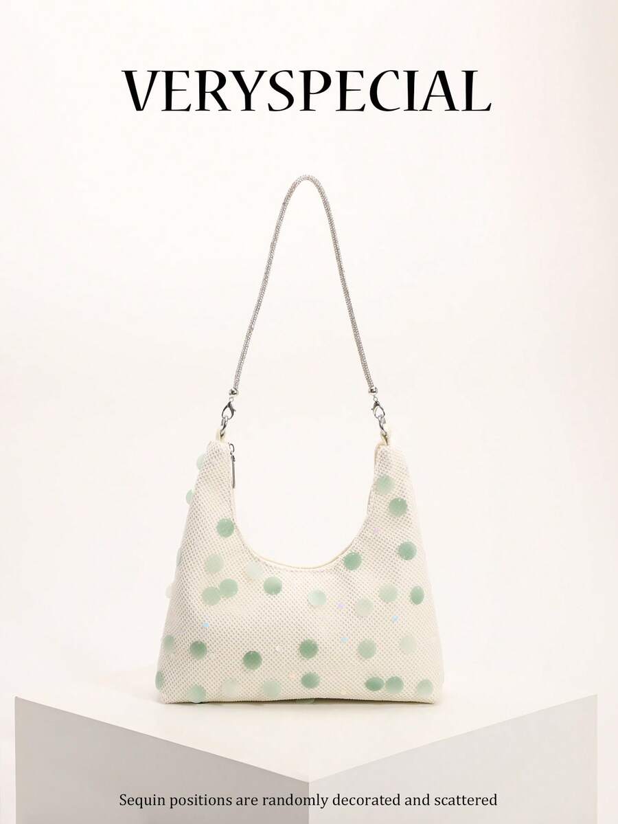 1 pieza Bolso de lino tipo hobo con parches de malla holográfica con lentejuelas en degradado verde, decoración de rhinestones brillantes, bolso casual de moda para el verano, estilo de vacaciones (colocación de lentejuelas al azar) - verde menta - Ver 1
