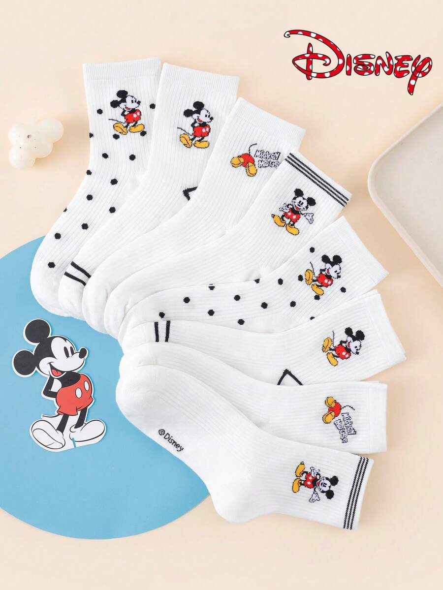 Disney 1/4/8 双装迪士尼米奇女士中筒袜 - 可爱英文字母条纹波点创意卡通图案 - 弹性好，时尚百搭，四季皆宜，成人礼物及日常穿着 - 彩色 - 查看 1