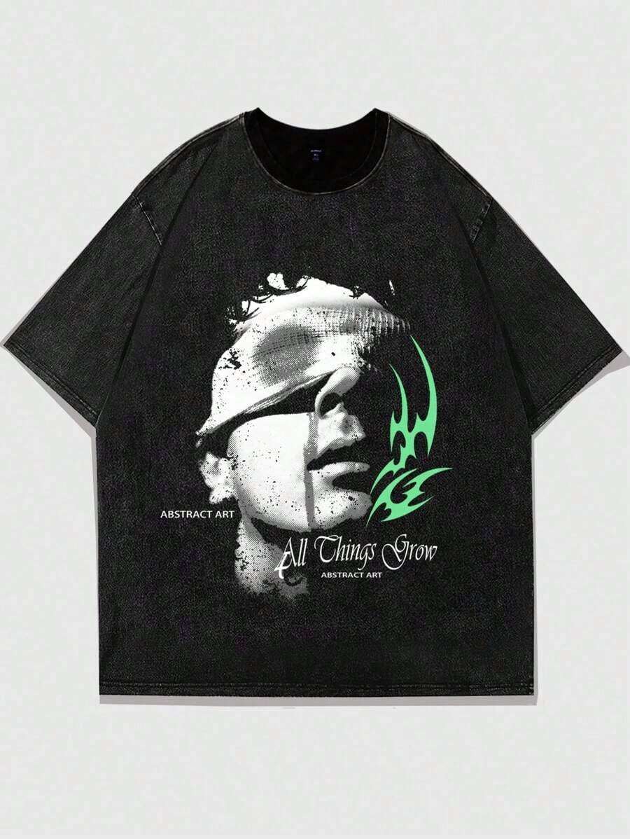 ROMWE MEN Grunge Punk Herren Vintage Distressed Figur Silhouette Print Kurzarm T-Shirt, High Street Style - Schwarz - Übersicht 1