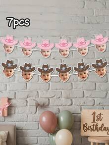 7/14/21pc Custom Personalized Cowboy Face Paper Banner Flags, Pink Cowgirl Brown Cowboy Banner Hanging Decor, Western Themed Birthday Party Supplies, My First Birthday Party Favors, Cowboy 1st Birthday, My First Rodeo, Party Decorations - Multicolor - View 20
