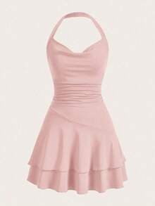 Vestido Rojo De Punto Sin Mangas Con Cuello Halter Y Doble Capa, Ajustado Para Mujer - Rosa vieja - Ver 1