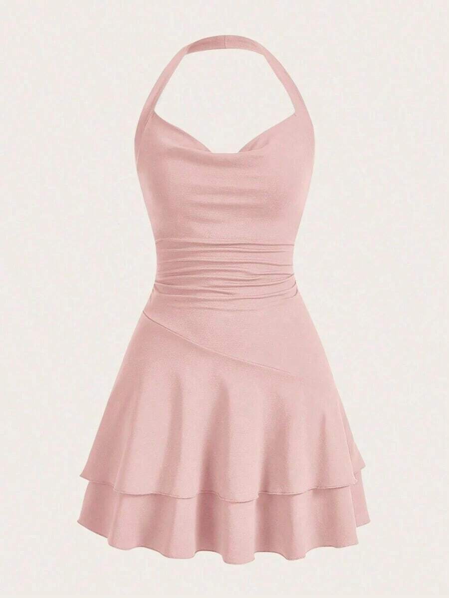 Vestido Rojo De Punto Sin Mangas Con Cuello Halter Y Doble Capa, Ajustado Para Mujer - Rosa vieja - Ver 1
