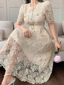 Vestido elegante de encaje de alta calidad con cintura ajustable, bordado, de estilo coreano suave y elegante - Albaricoque - Ver 7