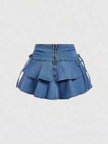 MOD Falda de mezclilla de moda para mujer con cintura anudada a los lados y dobladillo con doble volante - Lavado ligero - Ver 2