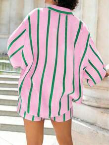 Conjunto casual de 2 piezas de camisa de rayas y shorts para mujeres de vacaciones - Rosa 2 - Ver 2