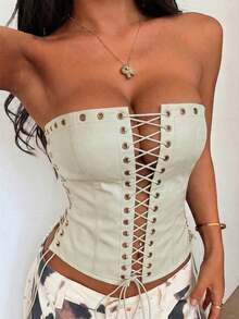 Top corto con tirantes finos y dobladillo con volantes, adecuado para vacaciones en la playa de manera casual - Albaricoque - Ver 1