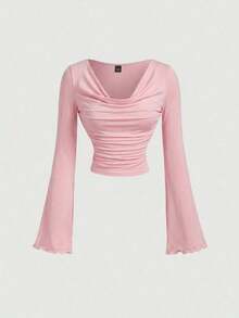 Conjunto de camiseta de manga larga ajustada con cuello de volantes, mangas acampanadas y plisadas en 3 colores - Rosa - Ver 7