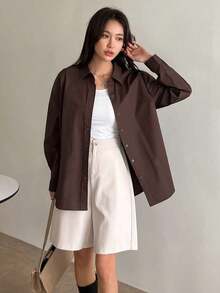 Camisa holgada con botones y hombros caídos, manga larga, ropa de otoño - Marrón Chocolate - Ver 3