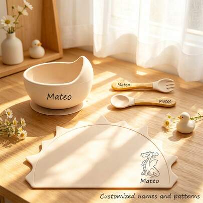 Conjunto de Utensílios de Mesa de Silicone Personalizado com Nome e Padrão, Presente para Bebê e Criança, Inclui Tapete de Silicone, Tigela, Garfo e Colher