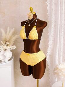 Bộ bikini hai mảnh kiểu yếm tam giác, vải kẻ caro màu cam, ren lượn sóng, chi tiết nơ, đồ bơi hai mảnh dễ thương ngọt ngào dành cho nữ, thích hợp cho kỳ nghỉ biển, tiệc bể bơi và bơi lội mùa hè. - Nhiều màu - Xem 5