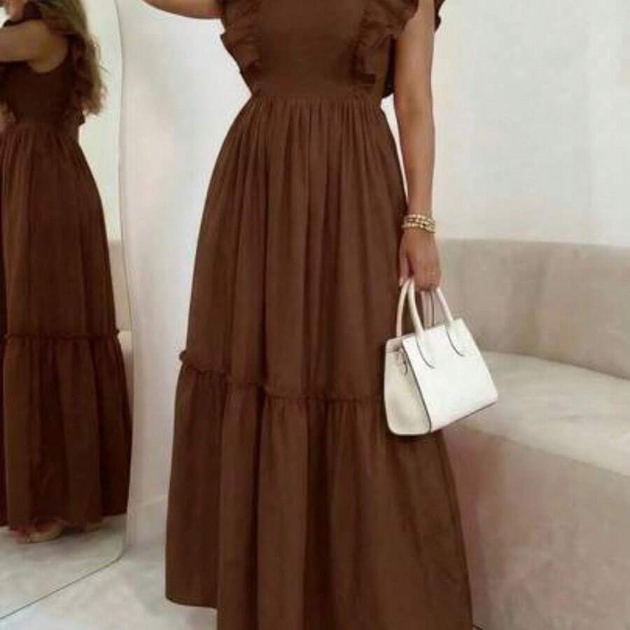Women's Elegant Holiday Solid Color Cap Sleeve Ruched Patchwork Short Casual Dress, Spring/Summer - Café - Ver 1
