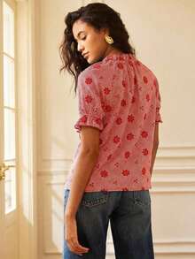 Blusa ajustada de manga corta con bordado de encaje hueco y estilo joven y elegante para mujer - Rojo - Ver 2