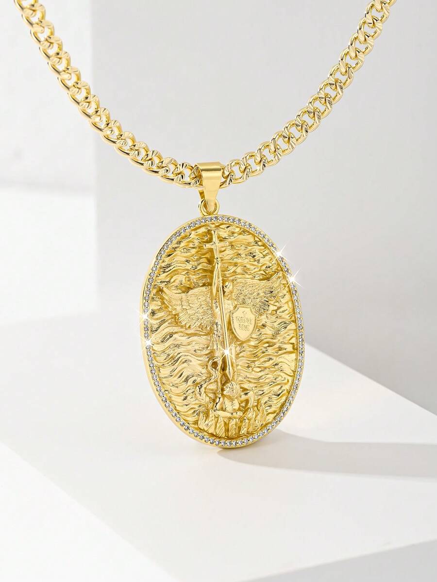 1pc Vintage Gold-Tone Cross & Shield Pendant Necklace With Cubic Zirconia, Suitable For Christmas/Thanksgiving/Halloween/Mother's Day/Valentine's Day, Gifts For Couples/Friends/Godparents, Catholic First Communion, Daily & Holiday Wear