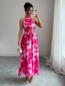 Vestido con estampado floral elegante, adecuado para ir al trabajo y para vacaciones en la isla - Rosa Fucsia - Ver 1
