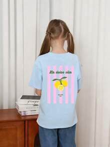Camiseta de cuello redondo de manga corta con estampado gráfico informal para niñas preadolescentes, top de verano - Celeste - Ver 4